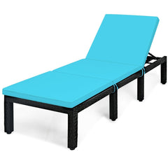 Rattan Lounge Chair with Turquoise Cushion and Adjustable Backrest, 77 in