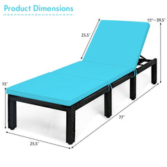 Rattan Lounge Chair with Turquoise Cushion and Adjustable Backrest, 77 in