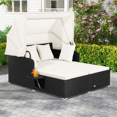 Rattan Patio Daybed with Retractable Canopy and Side Trays, Off White