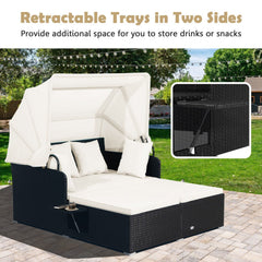 Rattan Patio Daybed with Retractable Canopy and Side Trays, Off White