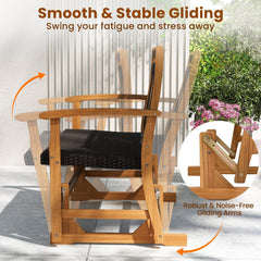 Patio Rattan Glider Bench for 2 with Acacia Wood Frame and Wicker Seat Back