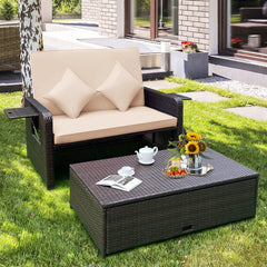 Rattan Daybed with 4 Level Backrest and Fold Down Side Trays, Brown