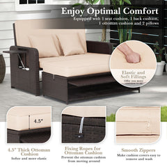 Rattan Daybed with 4 Level Backrest and Fold Down Side Trays, Brown