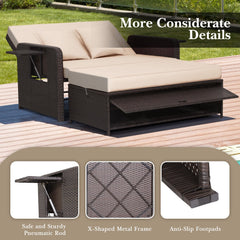 Rattan Daybed with 4 Level Backrest and Fold Down Side Trays, Brown