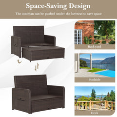 Rattan Daybed with 4 Level Backrest and Fold Down Side Trays, Brown