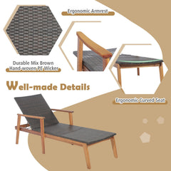 Acacia and Wicker Chaise Lounge with 4 Position Backrest, 800 lb Capacity