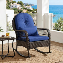 Patio Rattan Rocking Chair with Seat Back Cushions and Waist Pillow-Navy