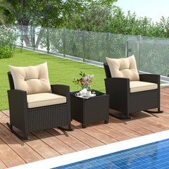 3 Piece Patio Rattan Rocking Chair Set, 2 Dark Brown Wicker Rockers Rated 400 lb with Beige Cushions and an 18 in Glass Top Table