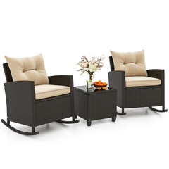 3 Piece Patio Rattan Rocking Chair Set, 2 Dark Brown Wicker Rockers Rated 400 lb with Beige Cushions and an 18 in Glass Top Table