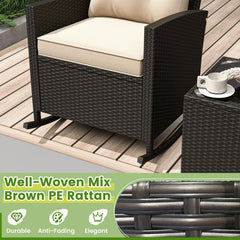3 Piece Patio Rattan Rocking Chair Set, 2 Dark Brown Wicker Rockers Rated 400 lb with Beige Cushions and an 18 in Glass Top Table