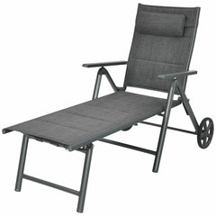 Padded Aluminium Reclining Chaise Lounge with Wheels and Neck Pillow, Gray