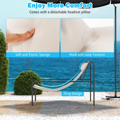Sling Lounge Chair with Detachable Headrest Pillow and Metal Frame, Beige