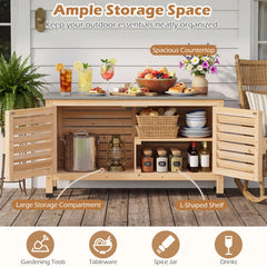 Patio Storage Cabinet with Stainless Steel Countertop and L-Shaped Shelf for Garden-Natural