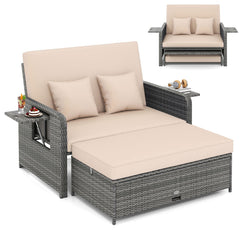 Patio Wicker Loveseat with 4 Position Adjustable Backrest, Multipurpose Ottoman and Two Folding Side Trays, Beige