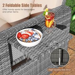 Patio Wicker Loveseat with 4 Position Adjustable Backrest, Multipurpose Ottoman and Two Folding Side Trays, Beige