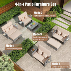 Patio Wicker Loveseat with 4 Position Adjustable Backrest, Multipurpose Ottoman and Two Folding Side Trays, Beige