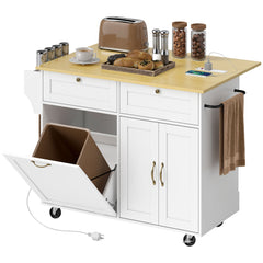 Kitchen Island Cart with Charging Station and Drop Leaf, Kitchen Island Table on Wheels with Trash Can Cabinet, Black