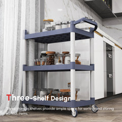 3-Tier Utility Cart Large Rolling Storage Trolley with 3 Shelves Metal Clean Service Cart, Restaurant, Hotel, Livingroom, Silver and Grey