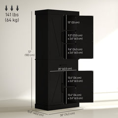 72" Kitchen Storage Cabinet, Farmhouse Kitchen Pantry Cabinet with 4 Barn Doors, Drawer, Adjustable Shelves, Black