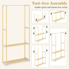 Pine Wood Clothes Rack with 2-Tier Open Storage Shelf for Hanging Clothes-Gray