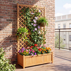 Raised Planter Bed with Tall Trellis, 71 Inch Fir Garden Bed for Climbing Plants