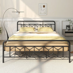 King Metal Platform Bed with 41 Inch Patterned Headboard and Snap Lock Slats