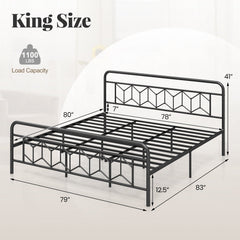 King Metal Platform Bed with 41 Inch Patterned Headboard and Snap Lock Slats