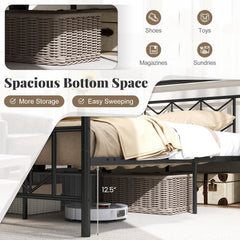 King Metal Platform Bed with 41 Inch Patterned Headboard and Snap Lock Slats