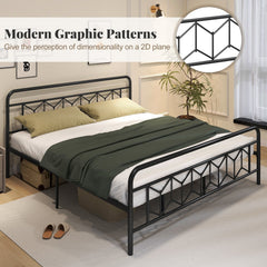 King Metal Platform Bed with 41 Inch Patterned Headboard and Snap Lock Slats