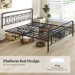King Metal Platform Bed with 41 Inch Patterned Headboard and Snap Lock Slats