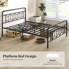 Queen Metal Platform Bed with 41 Inch Patterned Headboard and Snap Lock Slats