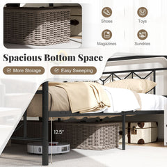 Queen Metal Platform Bed with 41 Inch Patterned Headboard and Snap Lock Slats
