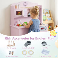 Play Kitchen for Kids Wooden Playset with Range Hood and Microwave-Pink