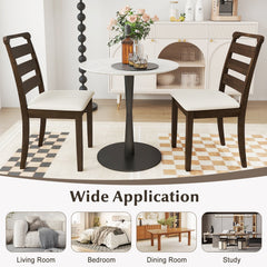 Set of 2 Ladder Back Dining Chairs, Walnut Rubber Wood with Cream Fabric Padded Seat, 400 lb