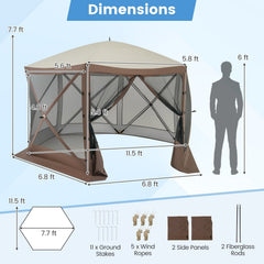 Pop-up Gazebo 6-sided Instant Setup Screen House Hub Tent with Mesh Netting Walls-Coffee