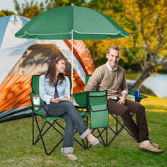 Portable Folding Picnic Double Chair With Removable Umbrella-Green
