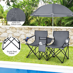 Portable Folding Picnic Double Chair With Umbrella-Gray