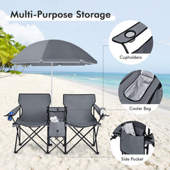 Portable Folding Picnic Double Chair With Umbrella-Gray