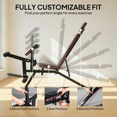 Adjustable Weight Bench with Wheels, Load 660LBS Workout Bench with Leg Extension, Preacher Curl and Resistance Bands