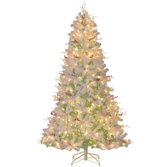 7 FT Pre-Lit Snow Flocked Christmas Tree, 855 Tips, 350 Warm White LEDs and Red Berries