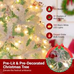 7 FT Pre-Lit Snow Flocked Christmas Tree, 855 Tips, 350 Warm White LEDs and Red Berries