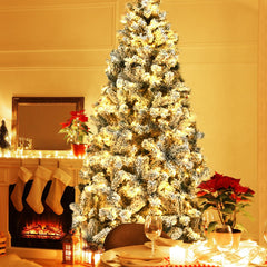 7.5 FT Pre-Lit Snow Flocked Christmas Tree, 1010 Hinged Tips and 450 Warm White LEDs