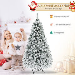 7.5 FT Pre-Lit Snow Flocked Christmas Tree, 1010 Hinged Tips and 450 Warm White LEDs