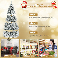 7.5 FT Pre-Lit Snow Flocked Christmas Tree, 1010 Hinged Tips and 450 Warm White LEDs