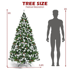 6 FT Pre-Lit Snow Tipped Christmas Tree, 818 Tips with Pine Cones and Red Berries