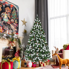 6 FT Pre-Lit Snow Tipped Christmas Tree, 818 Tips with Pine Cones and Red Berries