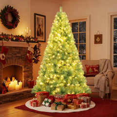 7.5 FT Pre-Lit Tinsel Christmas Tree in Fruit Green, 1300 Tips and 550 Warm White LEDs