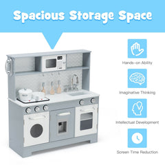 Grey Wooden Play Kitchen with Working Water Dispenser, Light Up Stove and Cookware