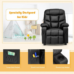 Kids Recliner with Cup Holders and Side Pockets, Black PU Leather