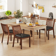 Set of 4 Slat Back Dining Chairs, Espresso Brown Rubber Wood with Black PU Leather Seats, 400 lb